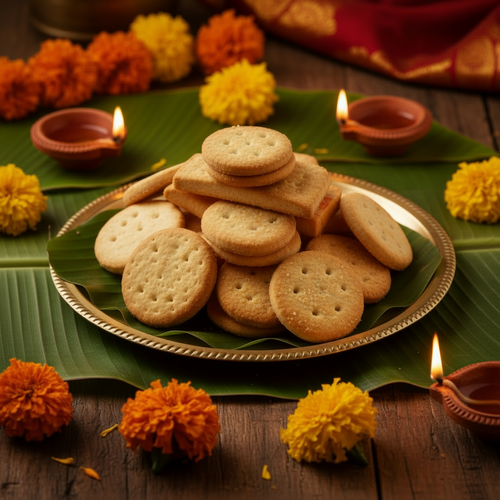 Round biscuits on a brass plate with festive Indian decor