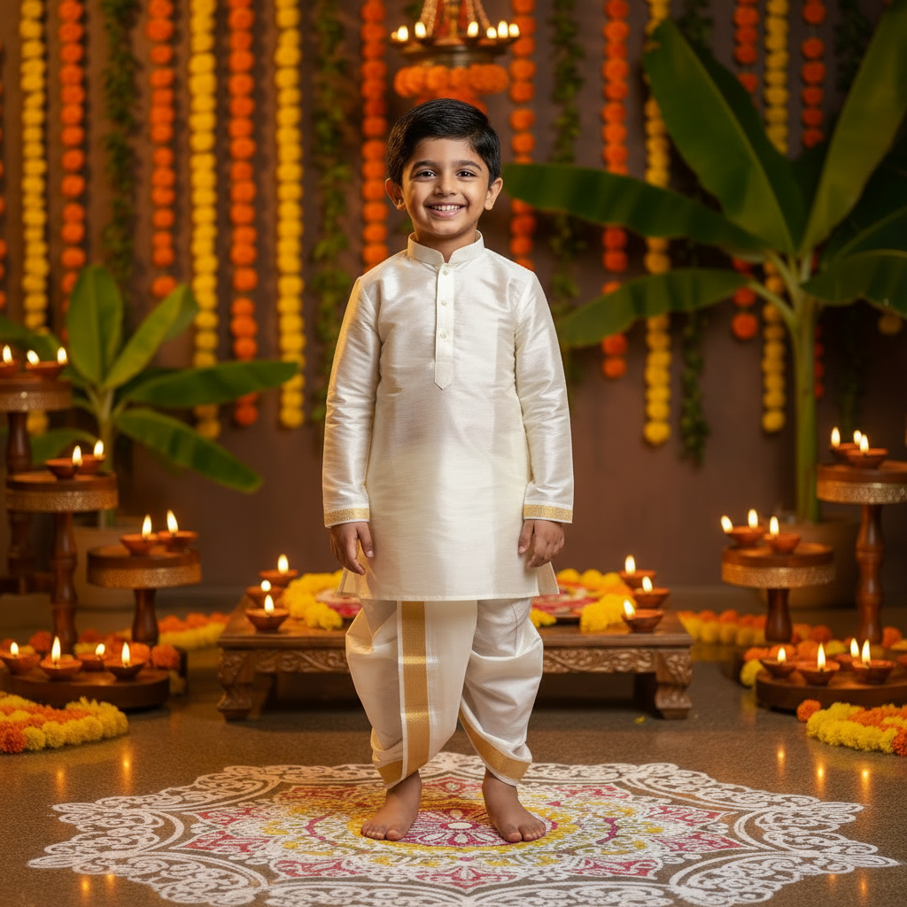 5-year-old boy wearing a white silk shirt set with gold border in a South Indian festive setting