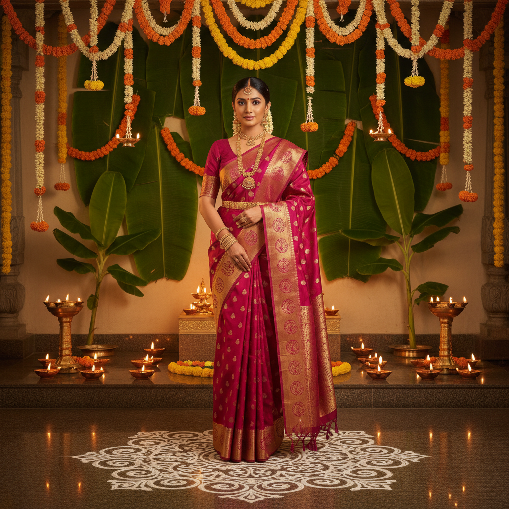 Woman wearing a traditional South Indian silk saree with gold zari border in a festive setting