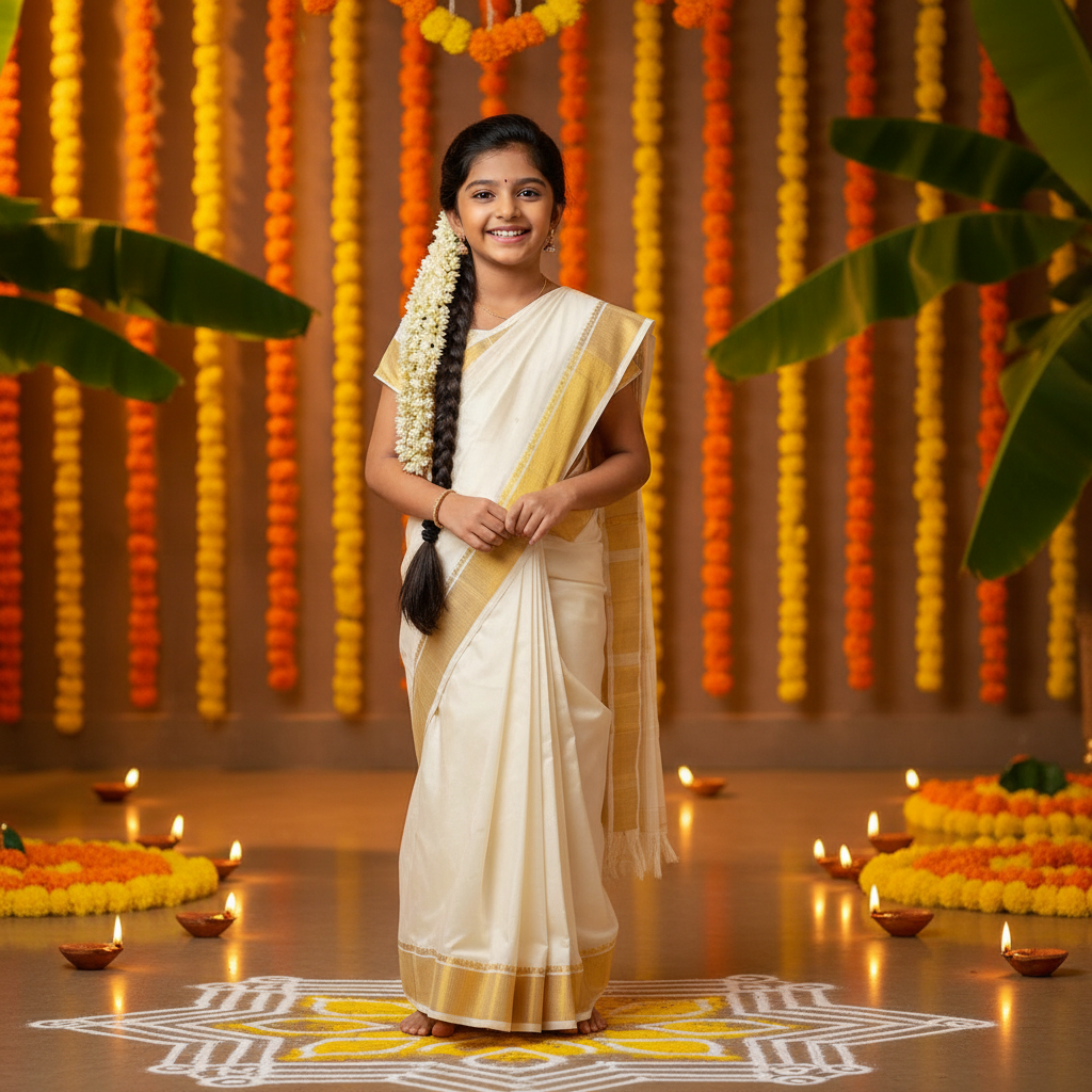 Girl aged 7-9 wearing a white silk saree with gold border in a South Indian festive setting